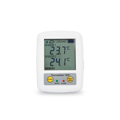 Thermomètre numérique affichant deux températures : Capteur 1 à 31,7°C et Capteur 2 à 24,1°C, sur fond blanc uni, issu du Kit de surveillance de la température sans fil pour réfrigérateur et congélateur de Thermomètre.fr.