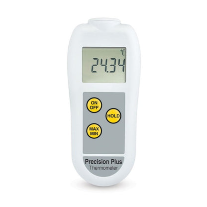 Un Thermomètre numérique blanc Precision Plus Pt100 de Thermomètre.fr affichant 24,34°C, doté de boutons marqués "ON/OFF", "MAX/MIN" et "HOLD". Le texte « Thermomètre Précision Plus » est visible en bas.