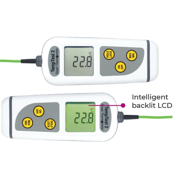 Deux thermomètres numériques avec sondes affichent une température de 22,8°C. L'un d'eux, le TempTest® 2 avec affichage 360° de Thermomètre.fr, est doté d'un écran LCD rétroéclairé intelligent.