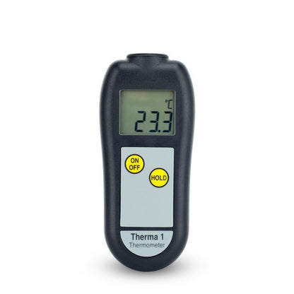 Un thermomètre élégant noir et gris, le "Therma 1 industriel" de Thermomètre.fr, affiche une température précise de 23,3°C. Doté de deux boutons jaunes intitulés « ON/OFF » et « HOLD », cet appareil portable utilise une technologie avancée de sonde à thermocouple pour des mesures précises.